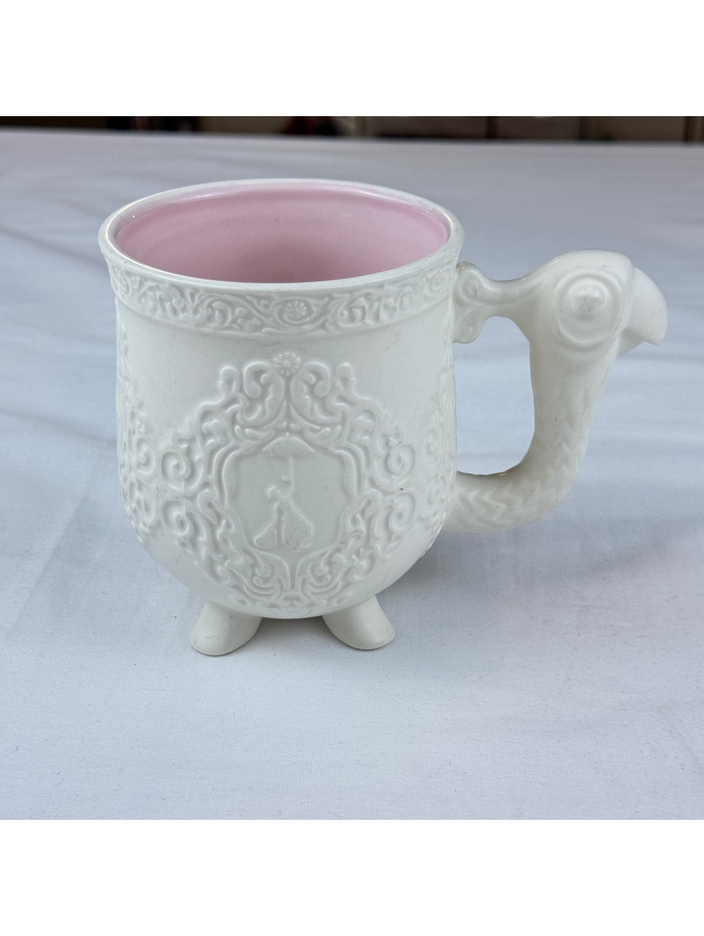 Vintage DISNEY Mary Poppins White Ceramic 3D Mug with Pink & Bird Handle